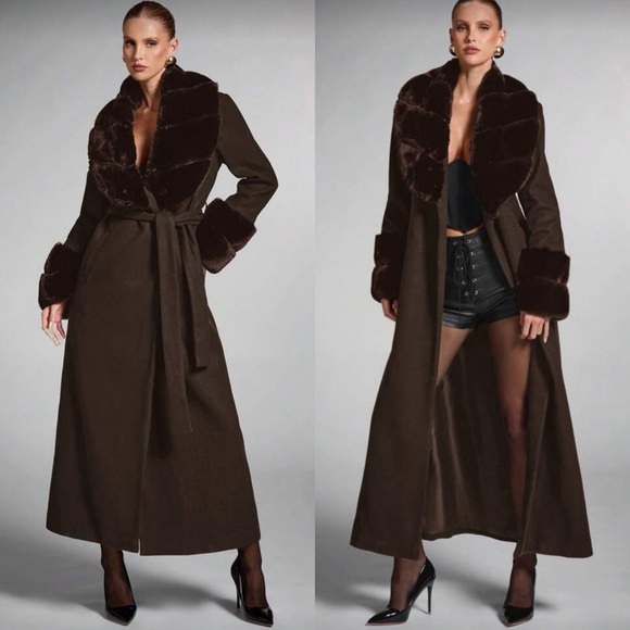 Luxury faux fur trimmed long coat fur jacket fur cuff fur collar vintage pink - Picture 7 of 8